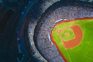 An overhead view of a baseball stadium