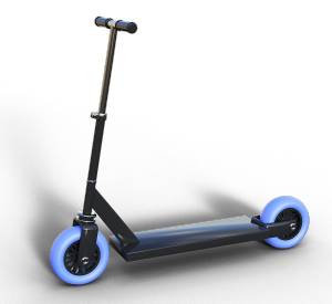 A scooter with blue wheels