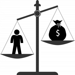 Scales of justice with money on one side and a person on the other