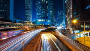 A timelapse photo of busy urban streets