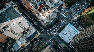 Aerial view of a busy intersection